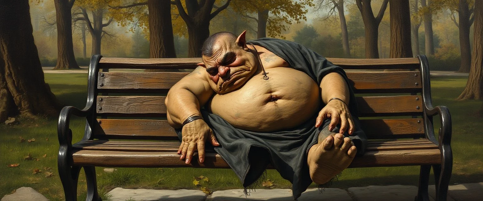 master oil painting by Rembrandt, fat orc sleeping on a bench in the park