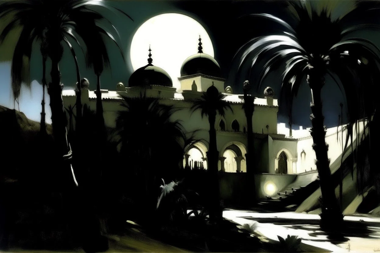 A black dark Arabian moon palace painted by John Singer Sargent