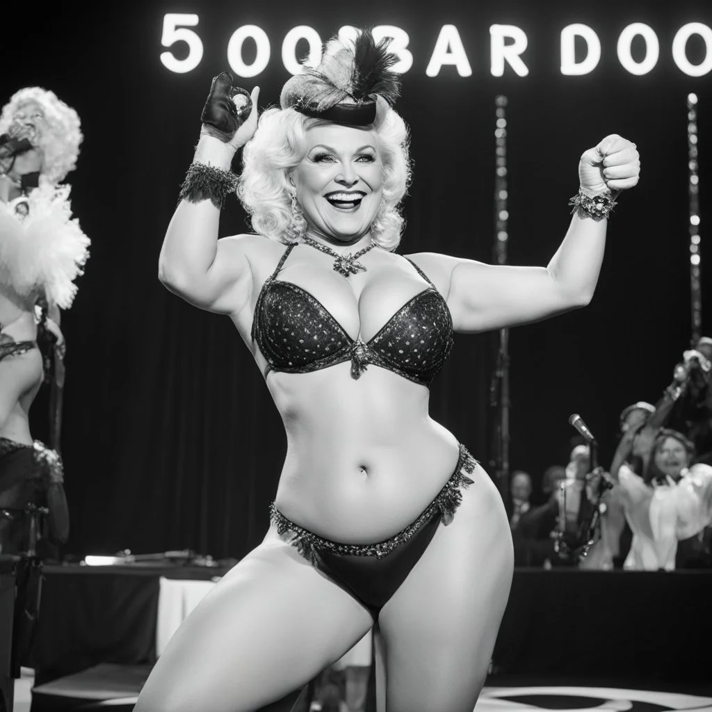 think about a commercial poster script for a burlesque show, the mature woman artist standing on stage in burlesque lingerie doing a thumb up to the camera with a smile, saying "5,000 watchers! That's awesome." Bigger! Wilder! Whoa!