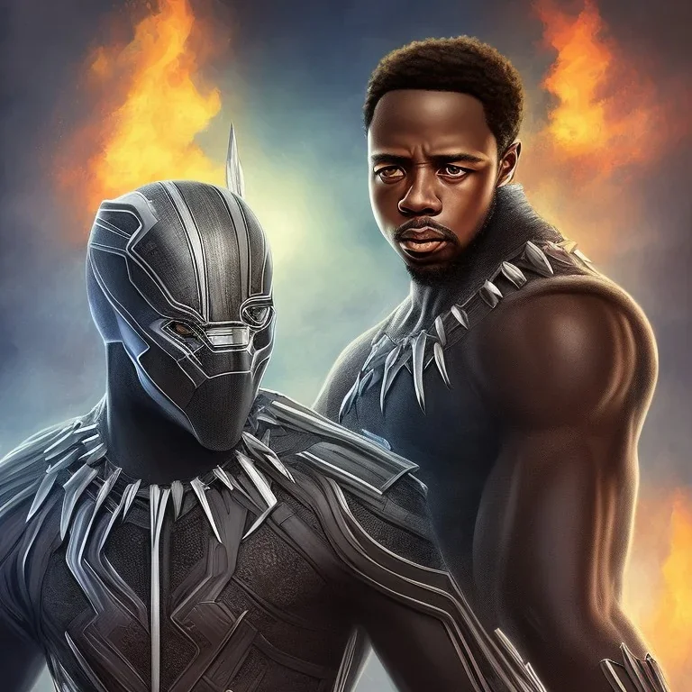 Nigeria artist Fireboy as kilmonger in black panther, realistic,rust of war, futuristic, heroic