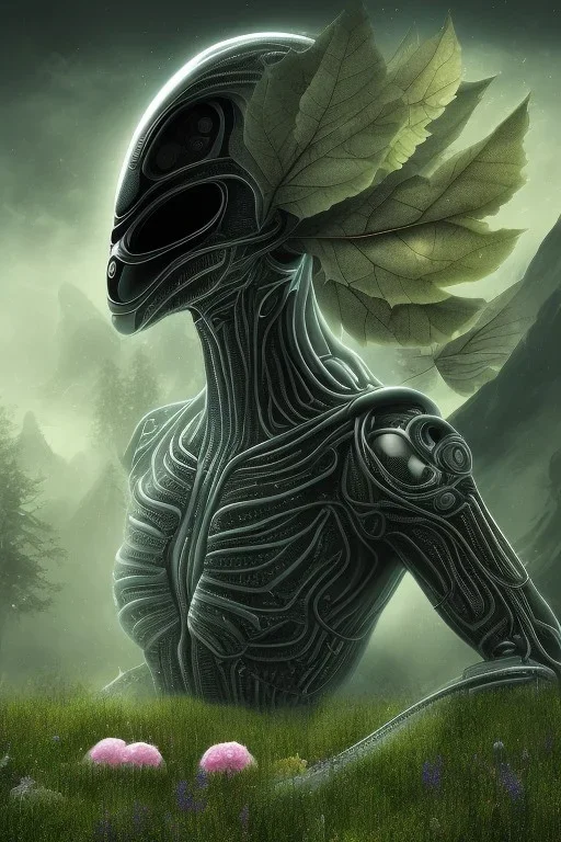 running alien portrait , black jogging suite , in the night Alps , holding leaves and flowers , angels background, volumetric light, high detail, dark leaf tree, dark mountains in background, perfect, HR Giger style