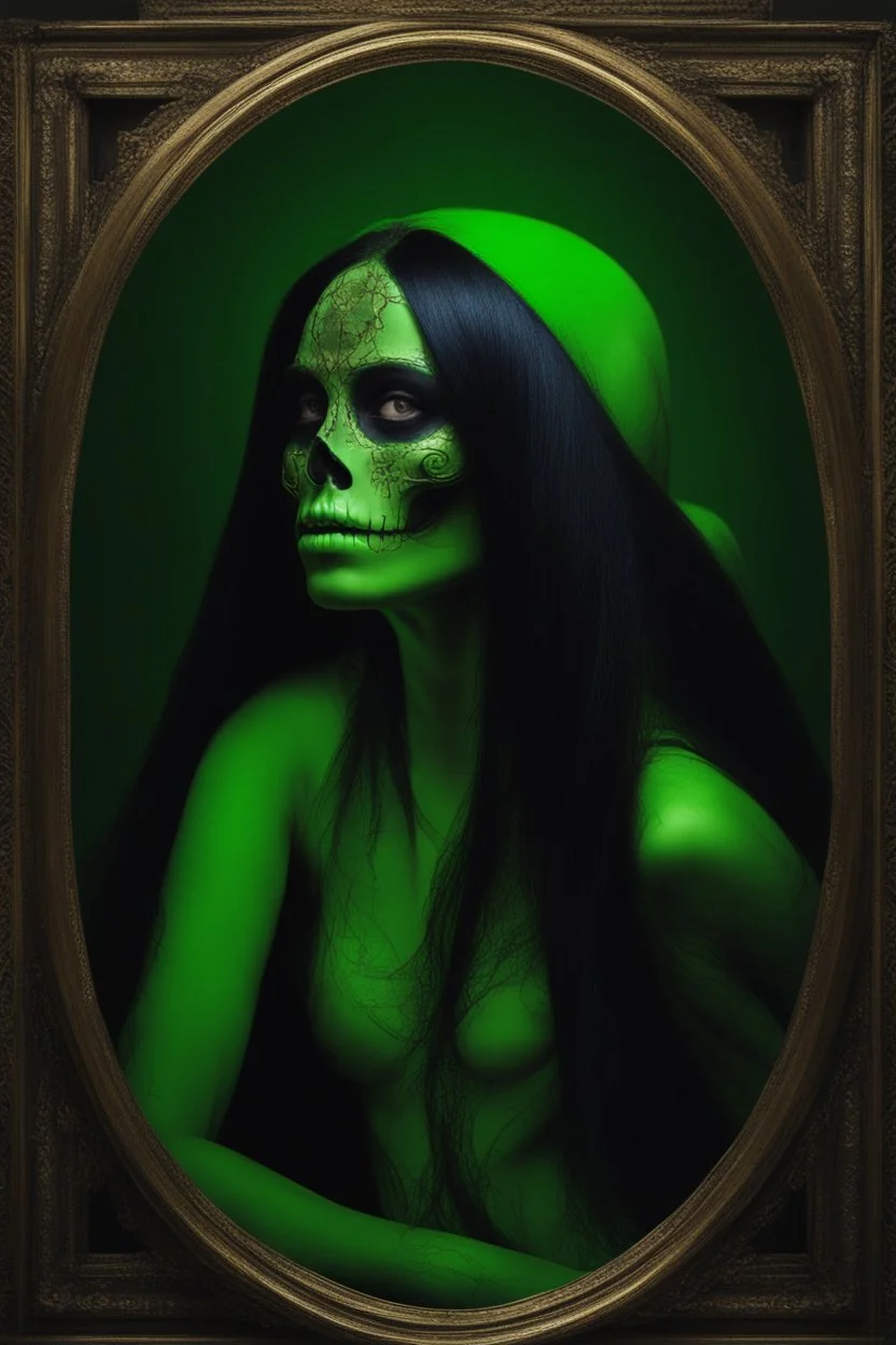 inspired by all the works of art in the world - A Fantastical Heavy Metal Rock and Roll Comedy in 3 notes - Zym Fandell, an extremely tiny, thin, voluptuous beautiful skull-faced Green Martian female with long, black hair, full body image, wearing a skinsuit, Absolute Reality, Reality engine, Realistic stock photo 1080p, 32k UHD, Hyper realistic, photorealistic, well-shaped, perfect figure, perfect face, a multicolored, watercolor stained, wall in the background, hickory dickory Clock