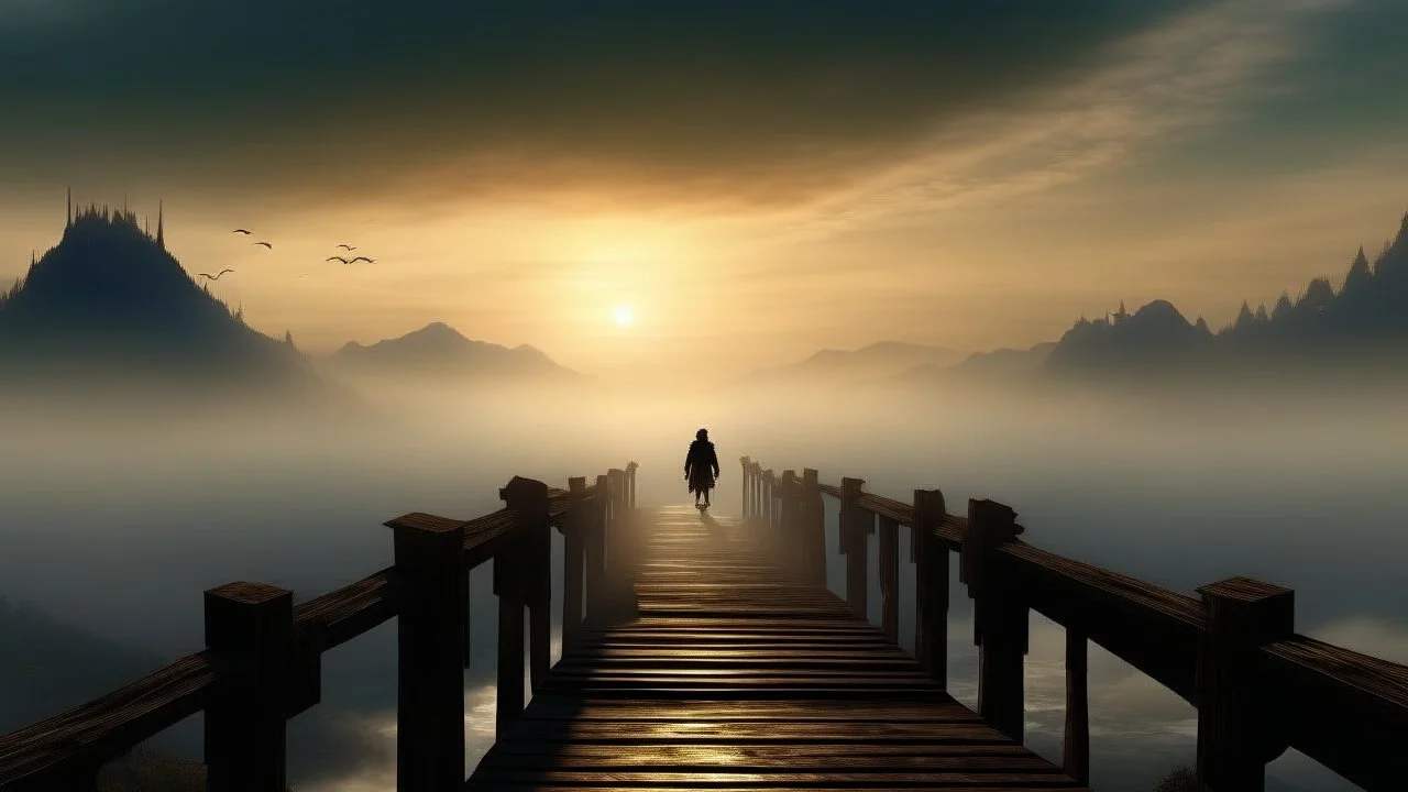 walking straight ahead over a wooden bridge, holding the angel of death with your right hand, entering the fog at the end of the road that leads to the afterlife, a stream from the mountains flows from the right and left, and a beautiful sunset behind the fog, and the kingdom of Heaven, realistic