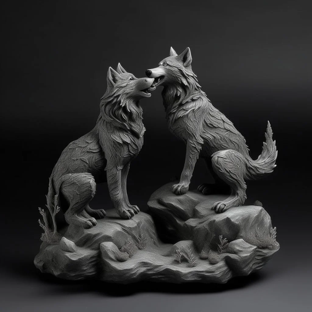 A gray woods with singing wolves designed in Ica stones
