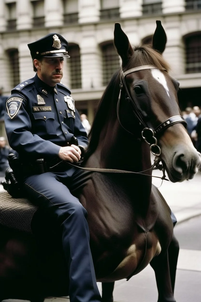 objeto: hombre con cabeza de caballo, vestido con uniforme policial; acción: sentado ; contexto: un recinto policial;