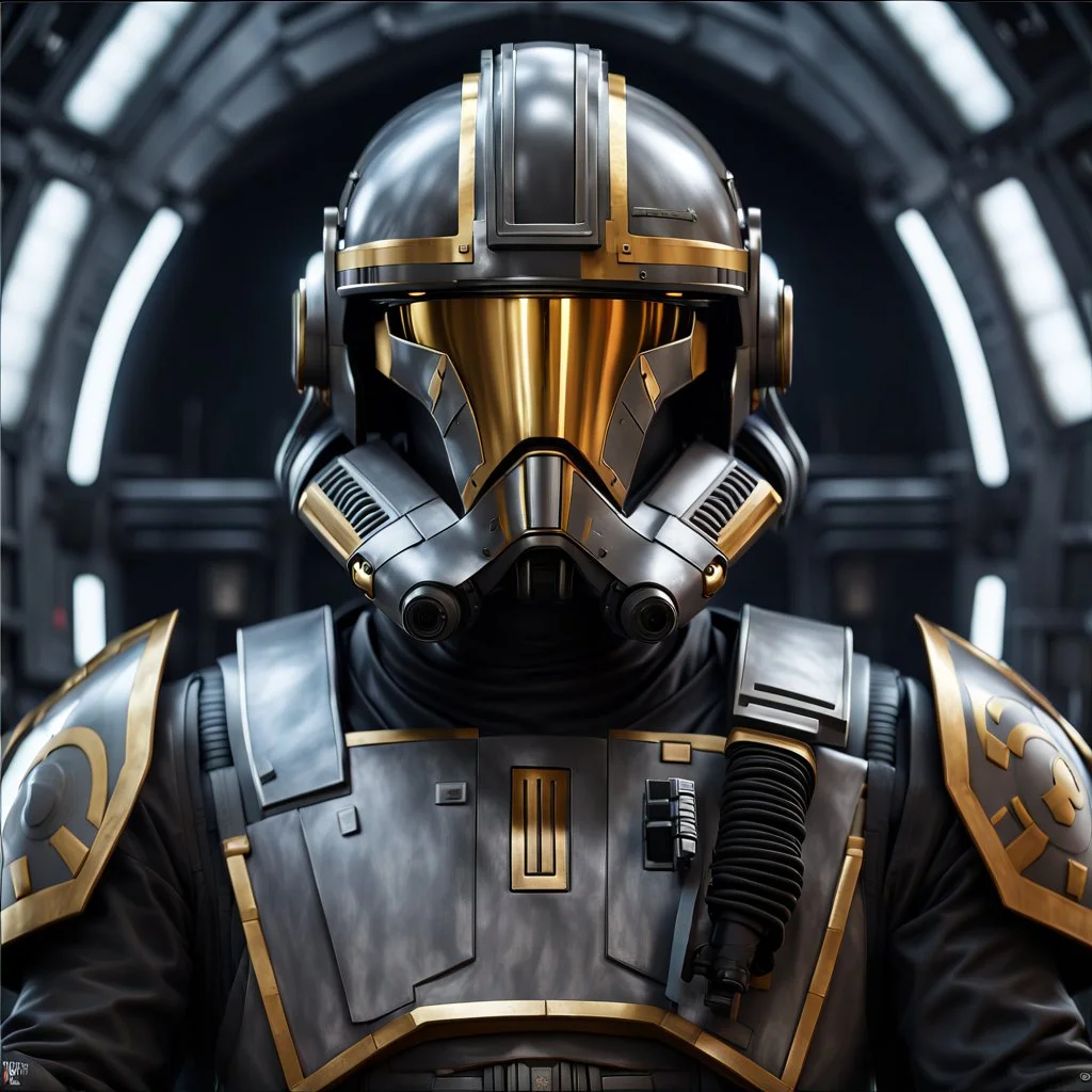 star wars bald male corellian pilot wearing gunmetal grey and black First Order TIE pilot armored flightsuit and helmet with gold trim inside the jedi temple, centered head and shoulders portrait, hyperdetailed, dynamic lighting, hyperdetailed background, 8k resolution, volumetric lighting, light skin, fully symmetric details