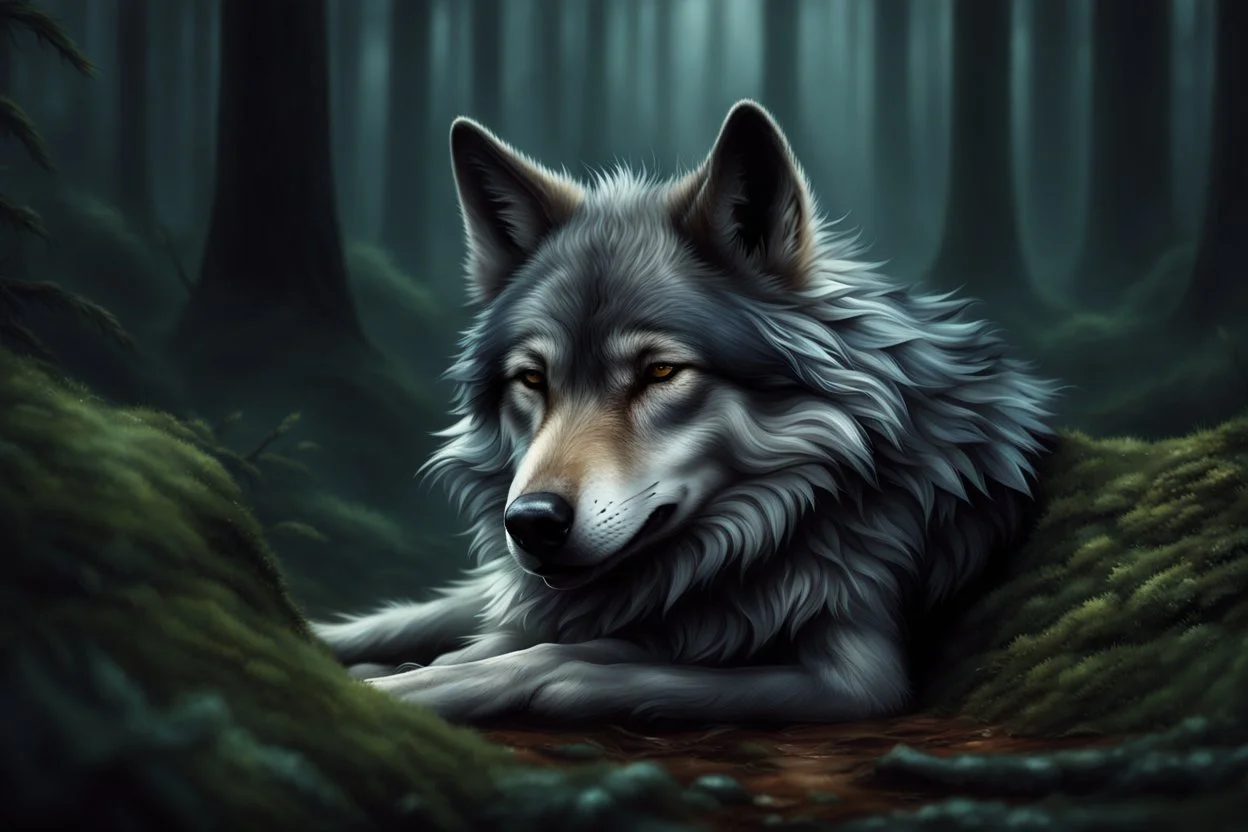 sad small scruffy wolf wearing a silver collar around its neck laying down eyes closed, photorealistic, dark fantasy, forest