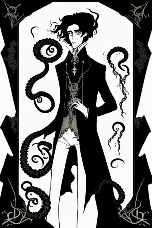 black haired young man necromancer wizard with gothic jewelry and tentacle fingers in the style of Aubrey Beardsley