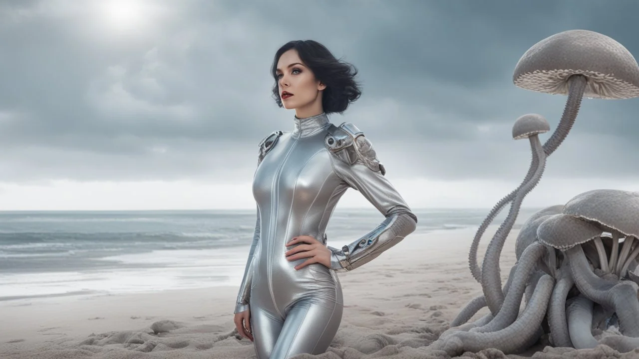 A woman with dark hair in a silver robotic catsuit, standing on a beach, flying mushrooms, with octopus tentacles floating above her