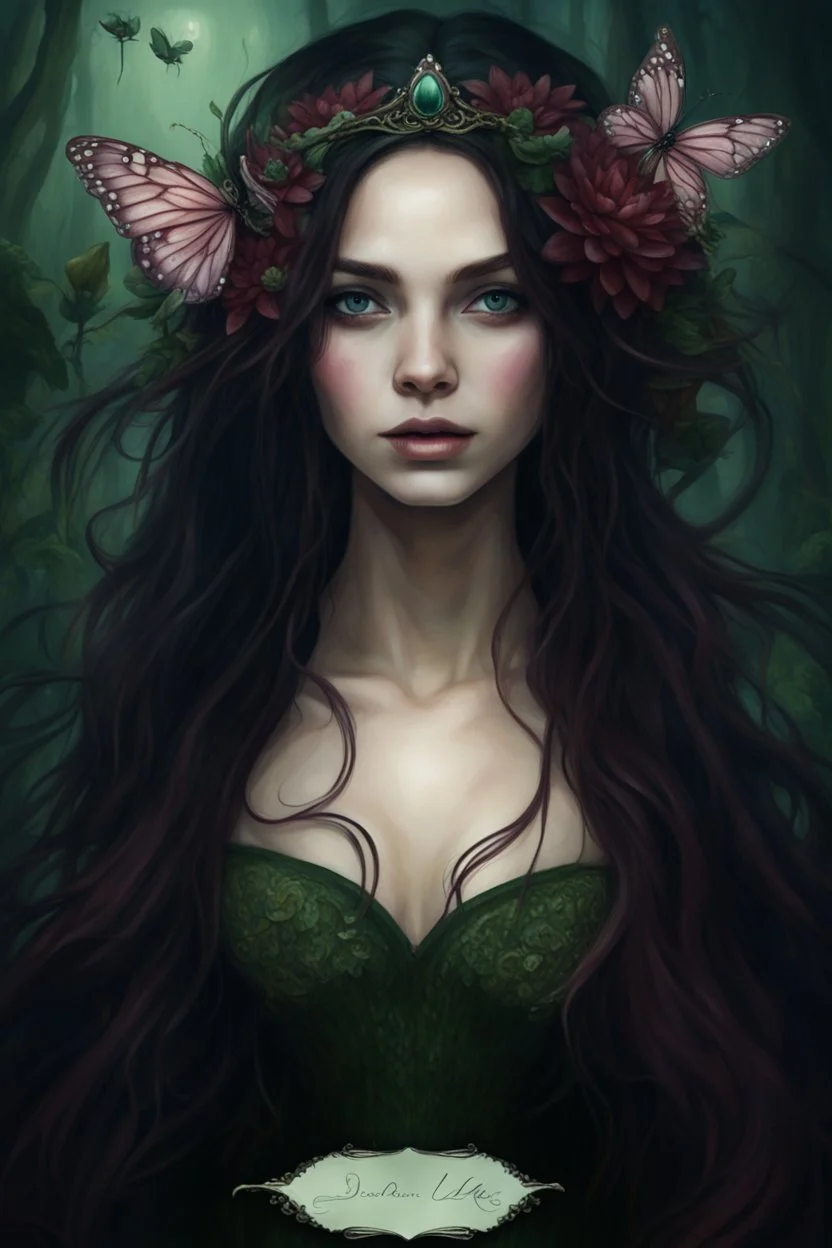 Water lilies Dark burgundy red long hair Dark Fairy princess rapunzel hair queen crown butterflies dragonflies fireflies elven tiara flowers fairy wings emerald moss