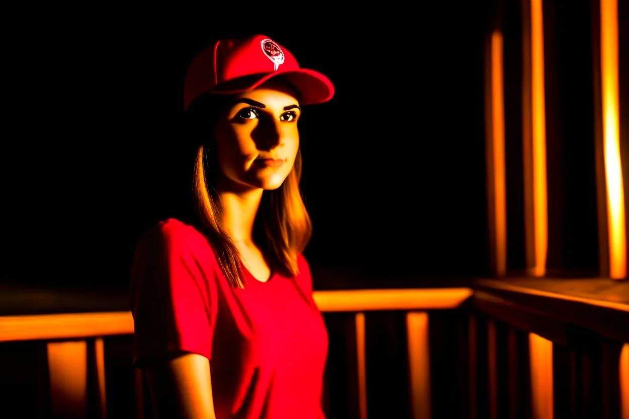 woman with a red baseball hat. leaning on a wooden balcony.night time. studio lightining.