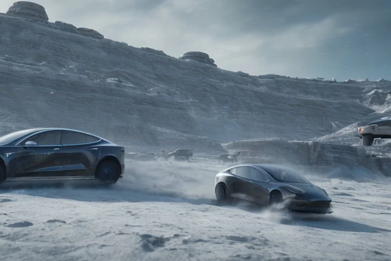 A Tesla 'Model Y' is racing at top speed, on the planet 'Hoth'. CINEMATIC. WIDE ANGLE LENS. PHOTO REAL.