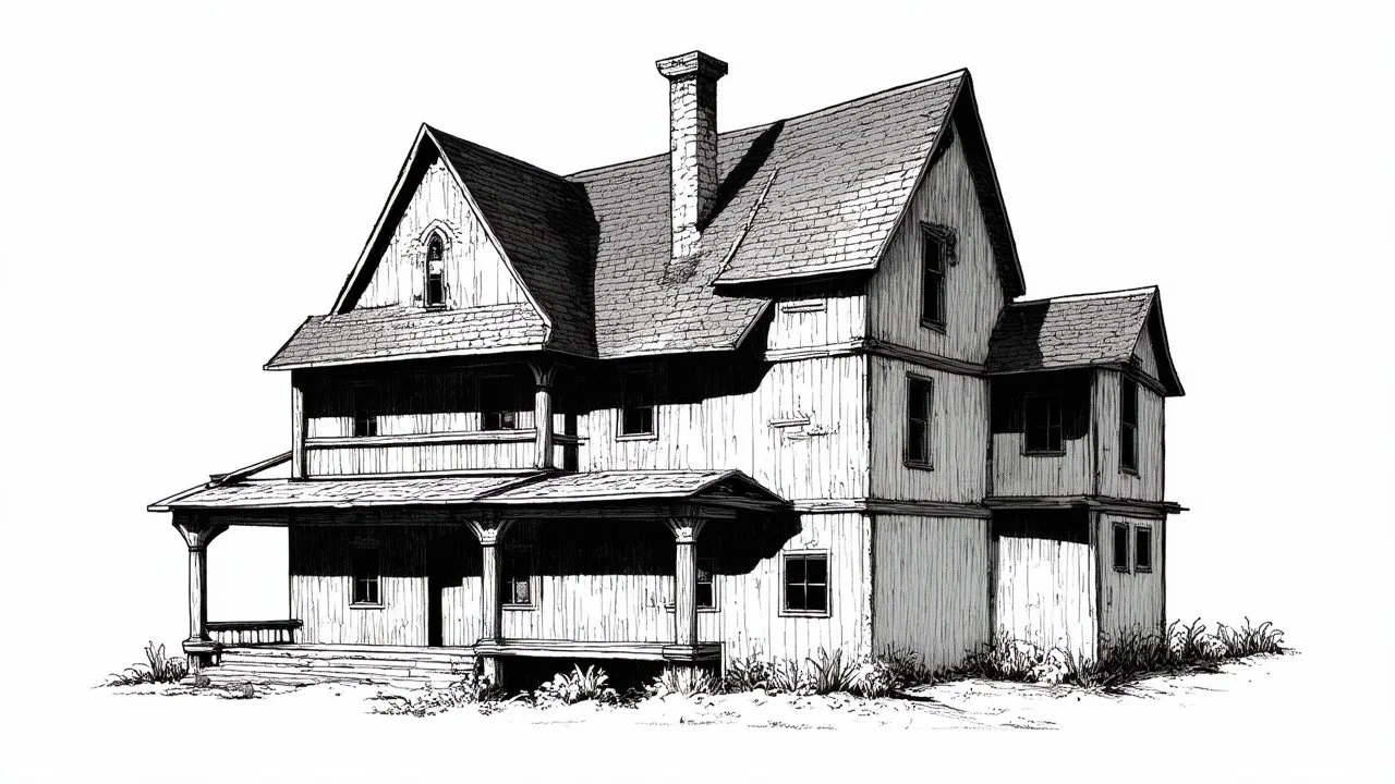 A front elevation line drawing of a fantasy mediaeval ramshackle house.