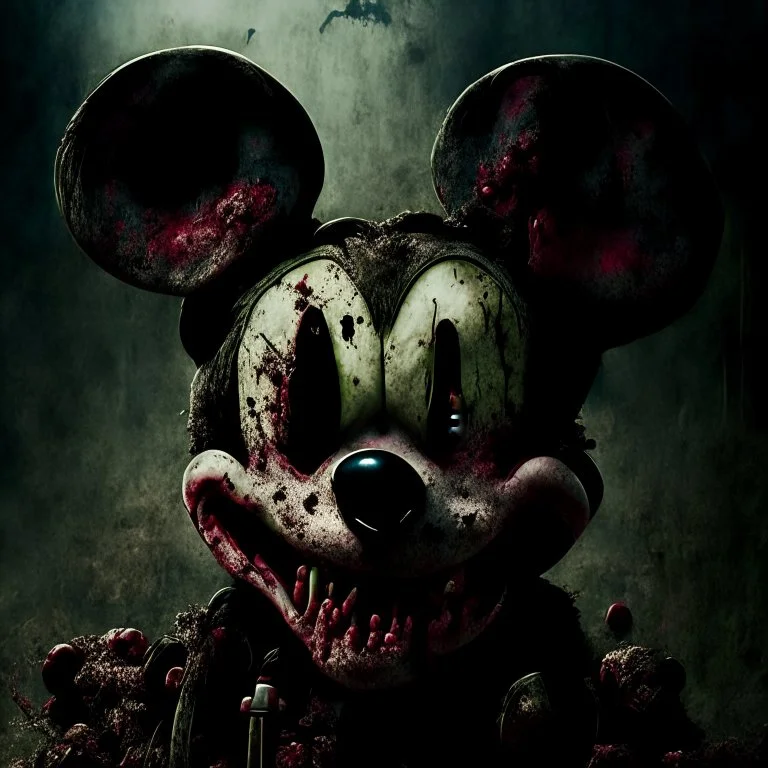 zombie mickey mouse hybrid, photorealism, movie screen capture, horror, sci-fi, evil, hungry, rotted