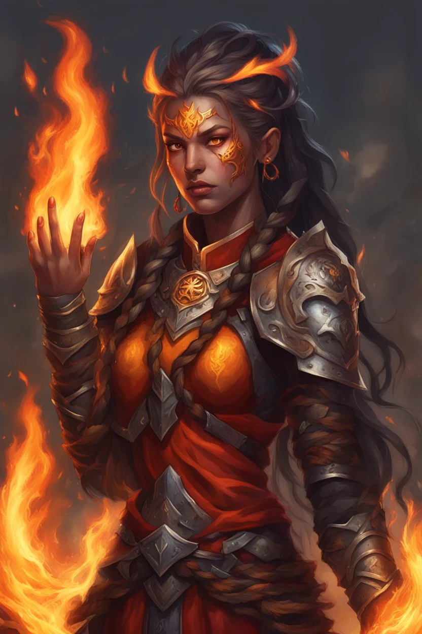 Fierce female Paladin Druid, with long fiery half braided hair and eyes reflecting the intensity of her power. With outstretched hands ablaze, she conjures vibrant flames, her scarred face telling a tale of battles fought, all against the backdrop of her dark, mystical skin.