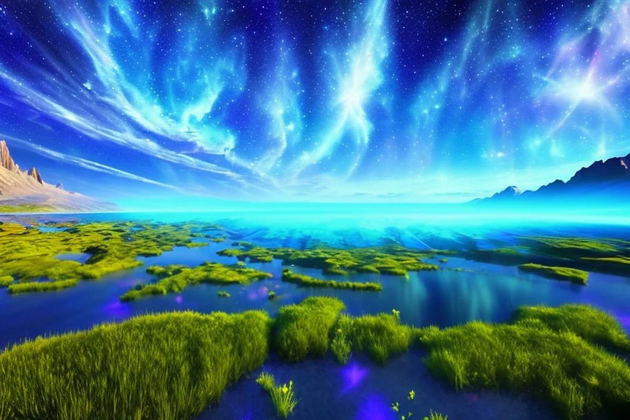 cosmic landscape with blue grass with magic lake, sky with light and stars. blu laser in the skay.