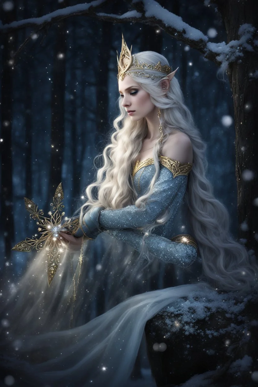 Elven princess,elven crown,long blonde golden hair,rapunzel hair,ice flowers,beautiful,light blue,dark blue,golden armor,sparkle,glitter,ice flowers,snow,elven ears,dark fairy princess