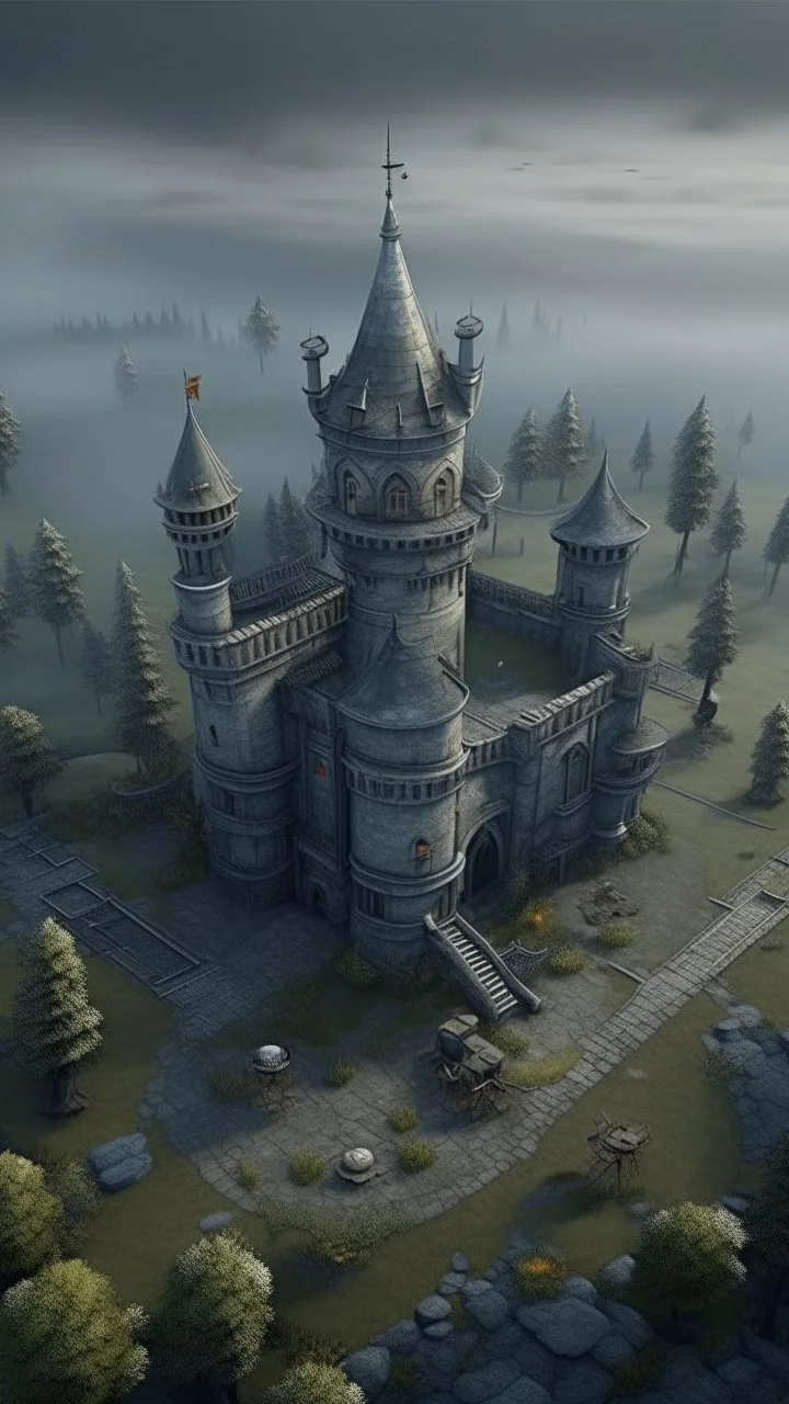 A bird view of a castle with rocket base in the backyard, they are tied to their musical instruments ,surrealism of the dark of a nightmare ten miles high and six foot deep, hyper photorealistic, hyper detailed dark art color, high resolution, fog, octane render, tilt shift, HDRI Environment, all pictures dark gray