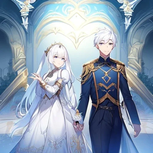 Twins, boy and girl, white hair, silver eyes, royal hall background