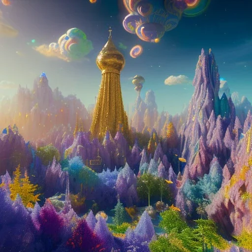 blue gold and violet landscape with multicolored crystals falling from the sky, full of details, smooth, bright sunshine，soft light atmosphere, light effect，vaporwave colorful, concept art, smooth, extremely sharp detail, finely tuned detail, ultra high definition, 8 k, unreal engine 5, ultra sharp focus