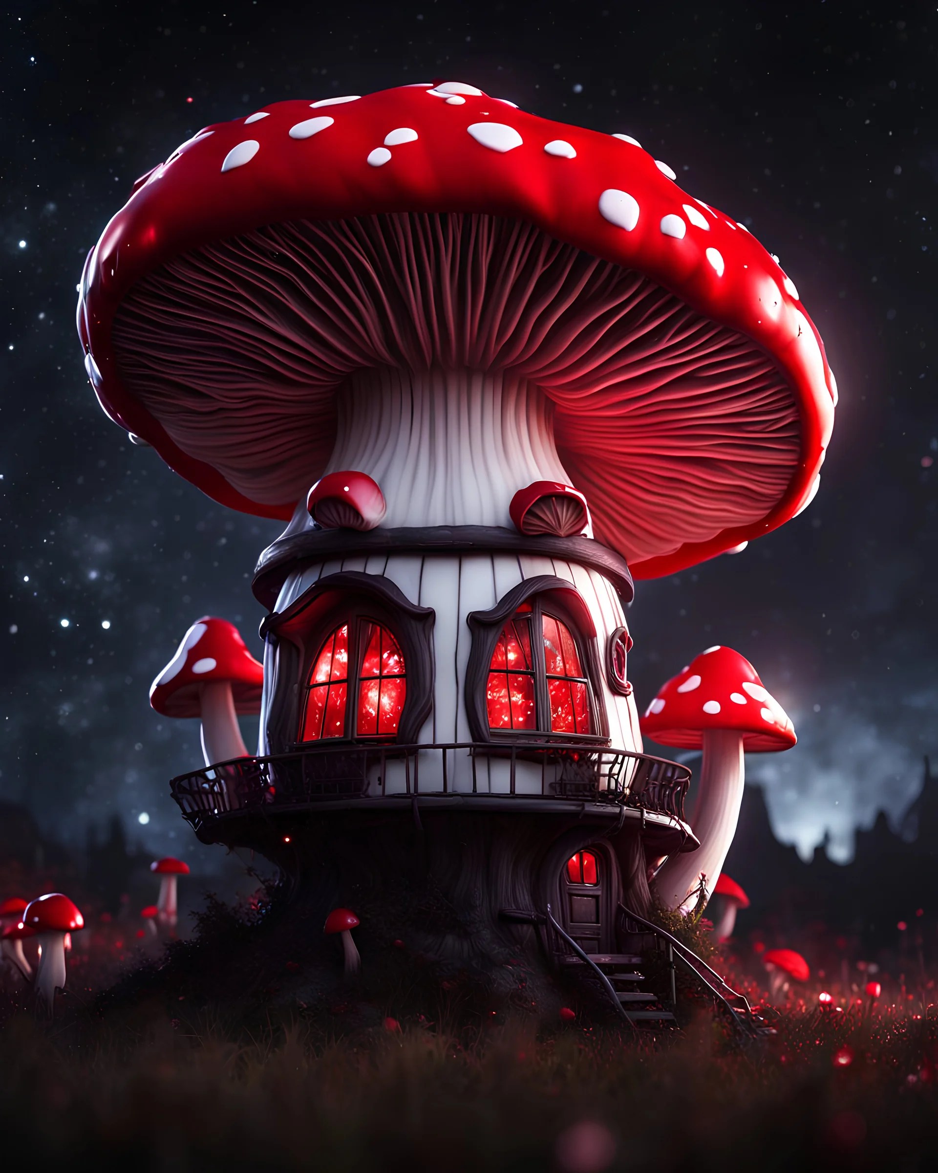 An illogically floating mushroom house on a clear night. white red black, Stars Dark cosmic interstellar. Detailed Matte Painting, deep color, fantastical, intricate detail, splash screen, hyperdetailed, insane depth, concept art, 8k resolution, trending on Artstation, Unreal Engine 5, color depth, backlit, splash art, dramatic, High Quality Whimsical Fun Imaginative Bubbly, perfect composition