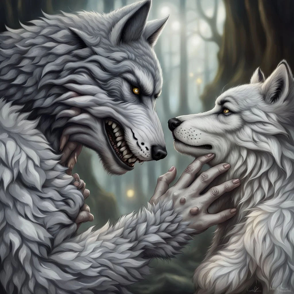 the anthropomorphic gray hairy body wolfman name Teo, holds between his paws the anthropomorphic pale hairy body wolfwoman's face , they look at each other lovingly, blur background, high detalied, realistic, sci-fi and fantasy mood