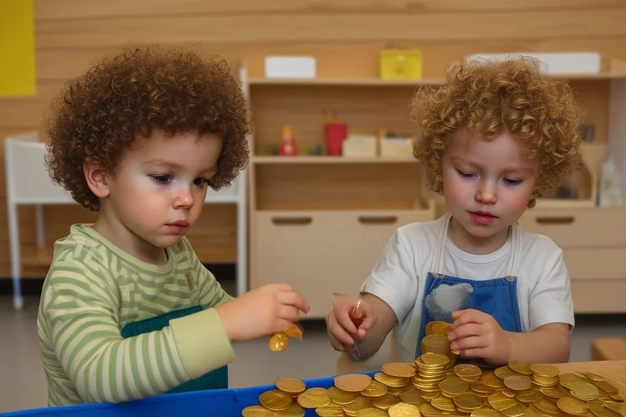 a curly-haired blond boy counts money and stacks gold coins in a modern nursery, in sunshine