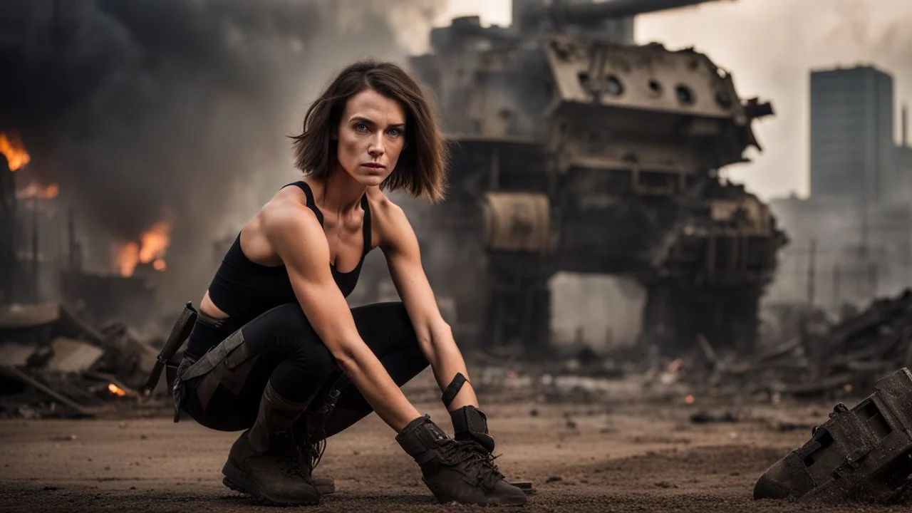 beautiful slender caucasian female technician with a knife, black tank top, well toned muscles, weathered face, scratched sand camo metal details, short brunette wavy bob haircut, dystopian, postapocalyptic city scene with smoke and explosions. giant robot in the background