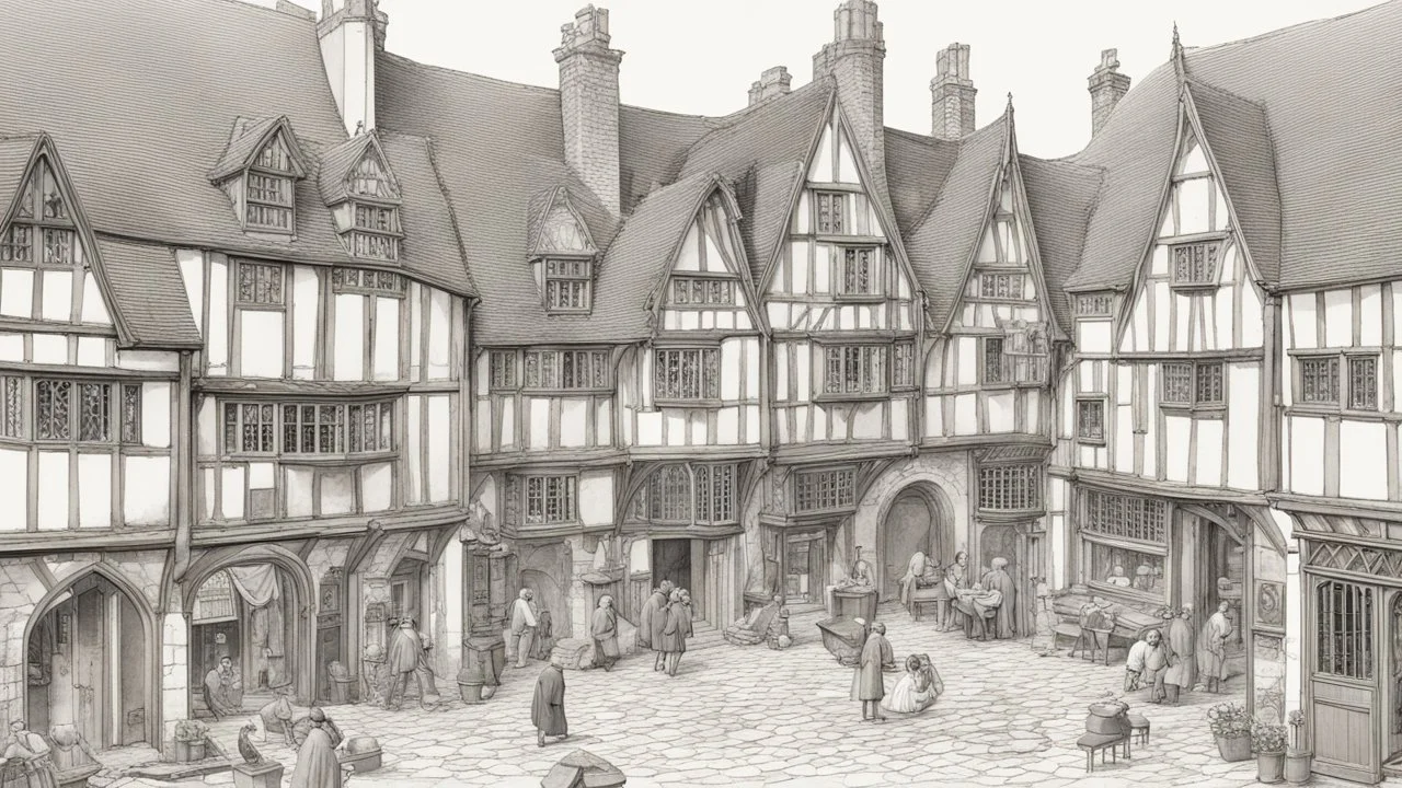 A Paved Courtyard, With Tudor Gothic Houses, Tall twisted Chimneys, warped Rooves, People, Shops,