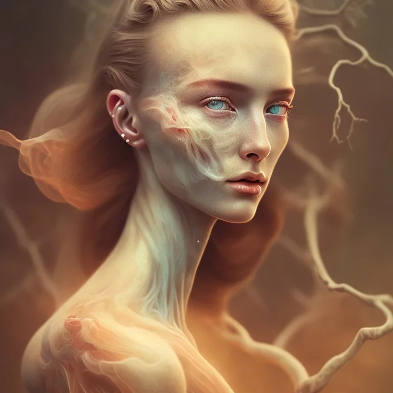 portrait photography of ethereal beauty, 8K, Portrait of a woman by Michelangelo, close-up face, anatomically perfect face, a sunny atmosphere, misty smoke,goddess, Pine tree roots