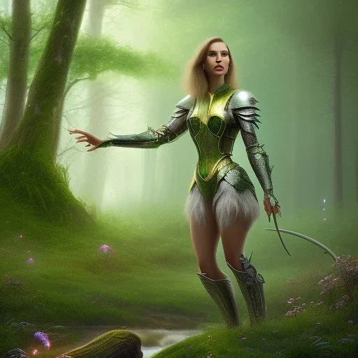 upper body of yohan diniz pointing fingers, fast walker, as a young cute feminine woman, short hair, green forest background, stream, mega flowers, dusk, 100 fireflies, throne