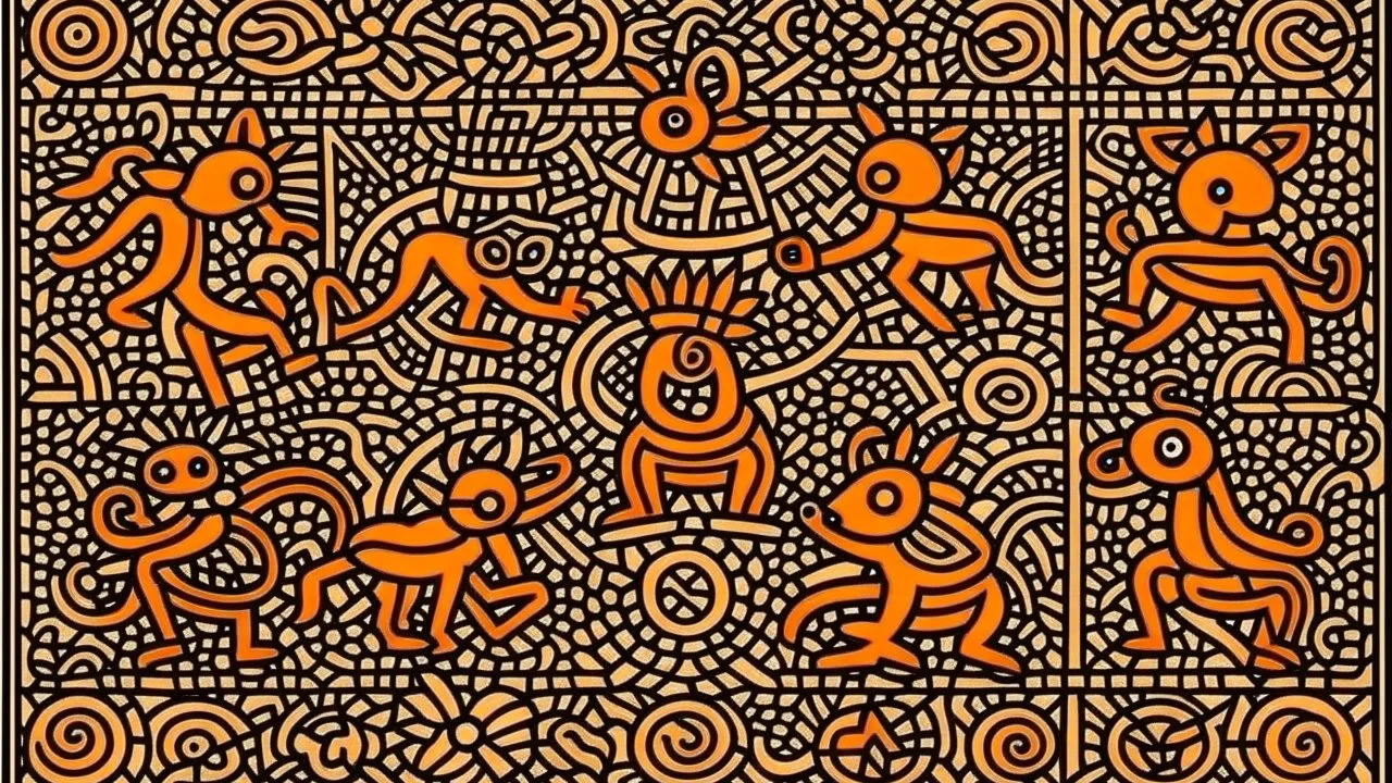 A light rosy orange colored savanna with animals designed in Mehndi design painted by Keith Haring