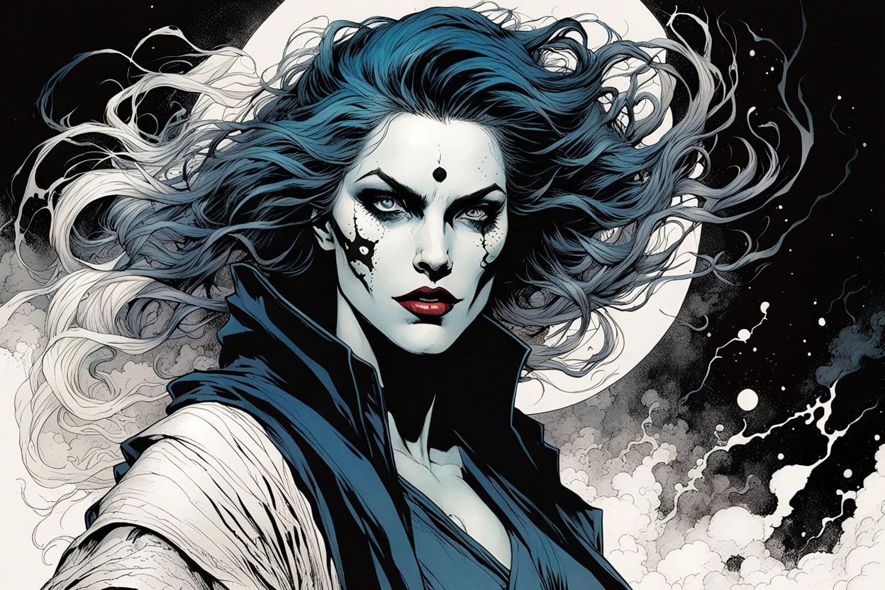 create an arcane, ethereal, otherworldly female Ravnos ancient antediluvian vampire sorceress , in the comic book art style of Mike Mignola, Bill Sienkiewicz, John Romita Jr., Leonardo Romero, Simone D'ARMINI, and Jean Giraud Moebius, with highly detailed feminine facial features , finely penciled and inked , dramatic natural lighting