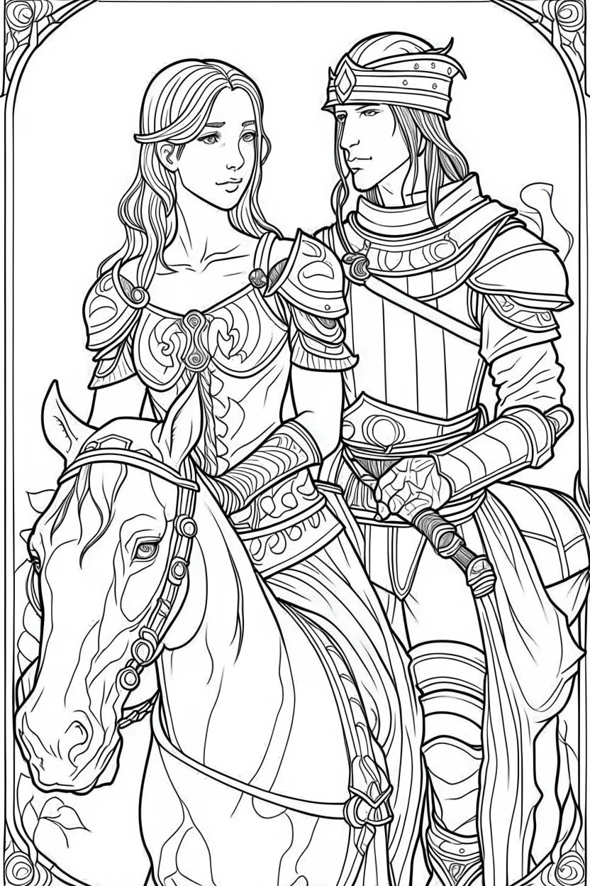Fantasy coloring page, minimal detail. HD. Woman holding a male knight