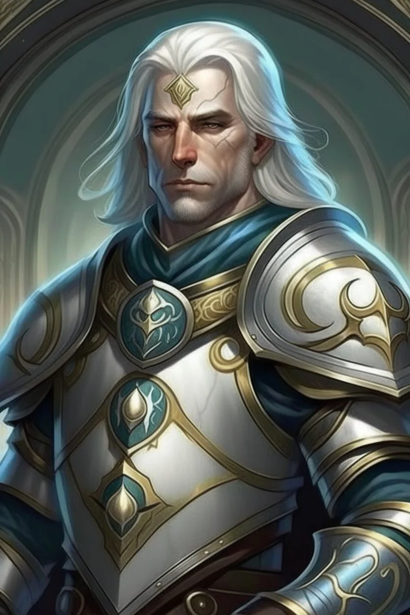 Please create an image for a 30-year old half-aasimar male with silver hair and blue eyes. He is a cleric of Selune, whose symbol should be placed on the cleric's shield, if visible in the image. The cleric should be wearing either medium or heavy armor, and carrying a warhammer or a mace and a shield