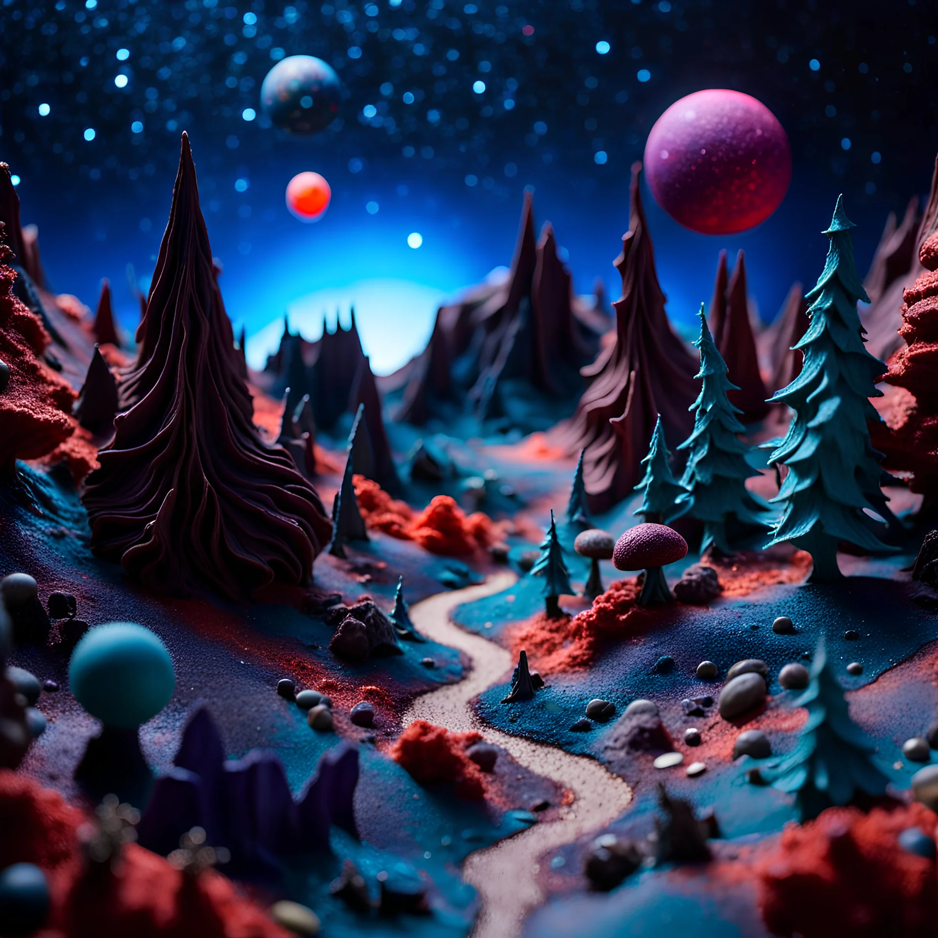 Detailed creepy landscape made of modeling clay, stars and planets, Roger Dean, Tim Burton, strong texture, Ernst Haekel, extreme detail, Max Ernst, decal, rich moody colors, sparkles, bokeh, odd