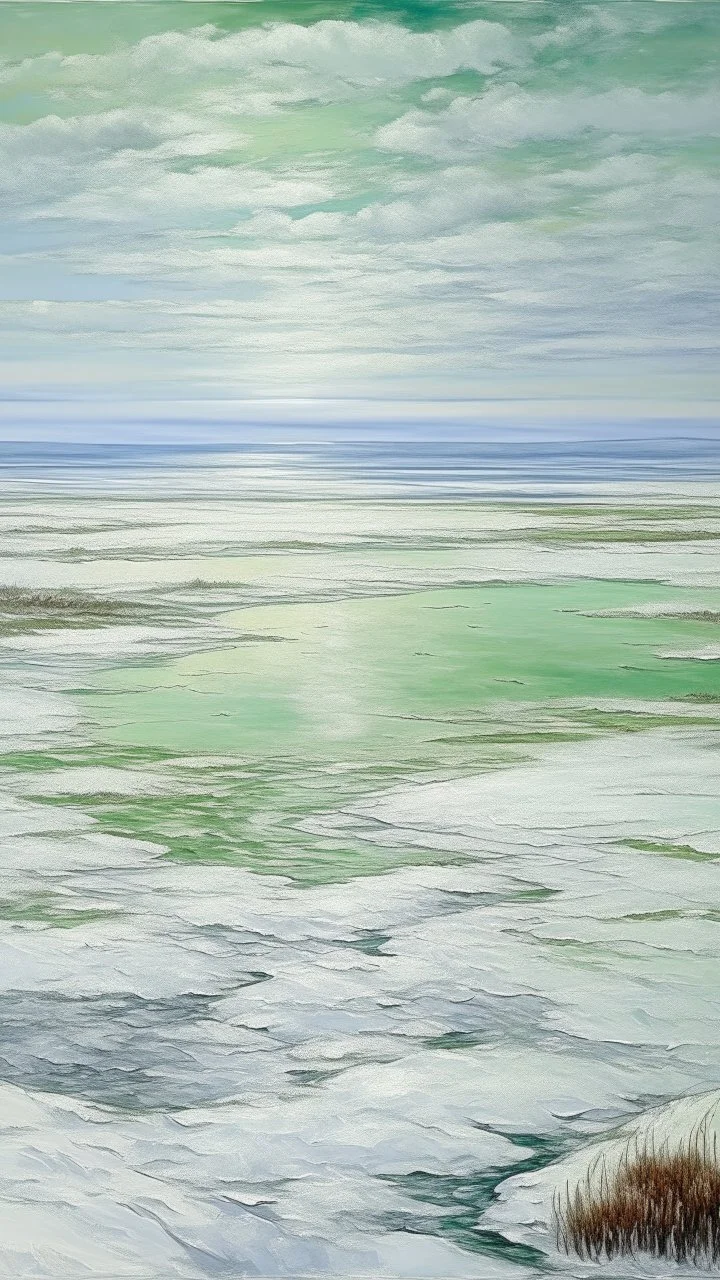 A seafoam green snowfield near a tundra painted by Claude Monet