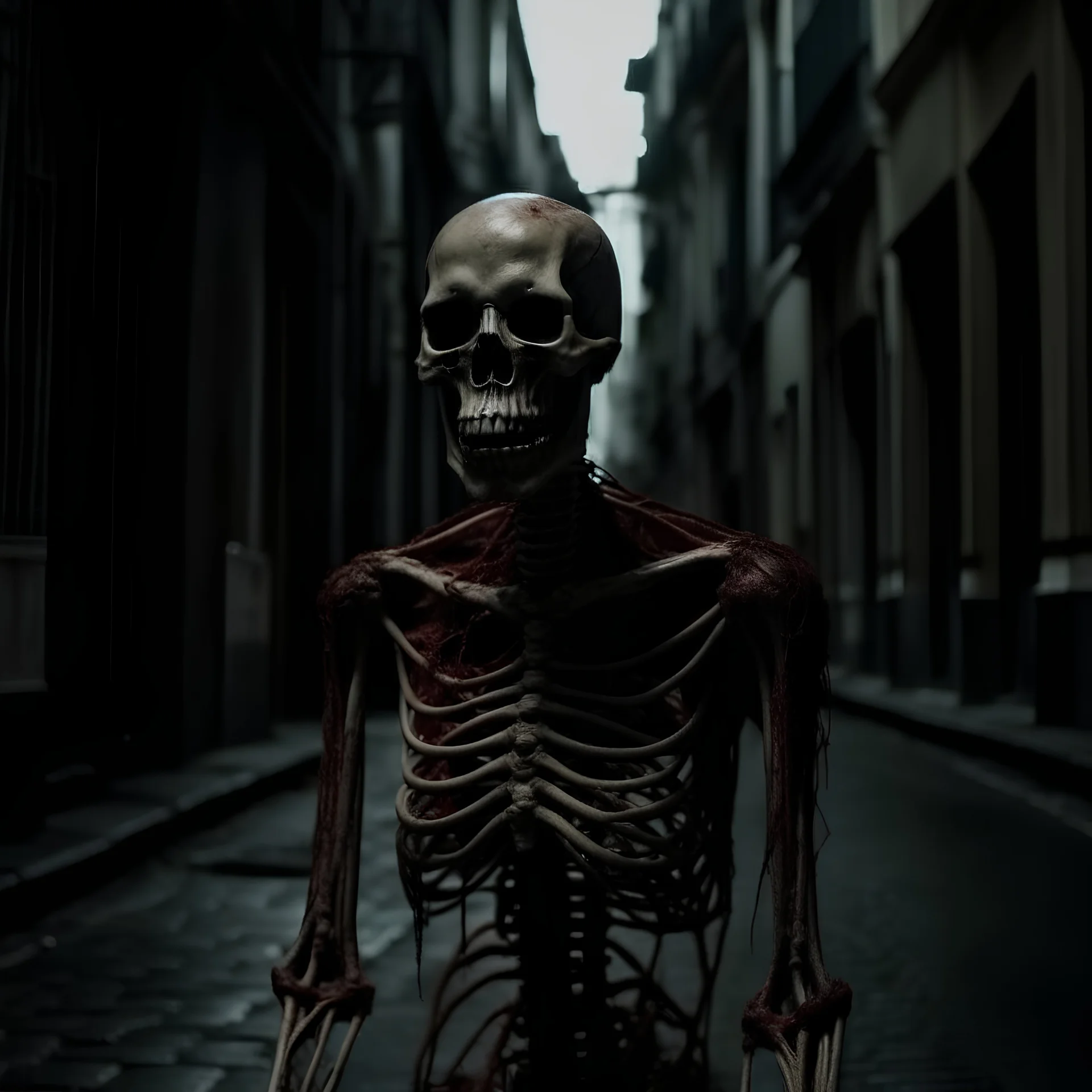 Horror movie photo of a street, skeleton with veins, blood and nerves, humid, horror, Sam Raimi, dark, spooky, hyperrealistic, dark room