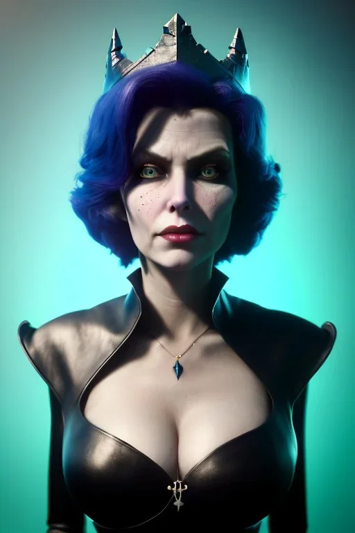 Lene Nystrøm as evil queen in black leather, busty, cleavage, voluptuous, Aqua Lene, angry, stern look. character design by cory loftis, fenghua zhong, ryohei hase, ismail inceoglu and ruan jia. unreal engine 5, artistic lighting, highly detailed, photorealistic, fantasy