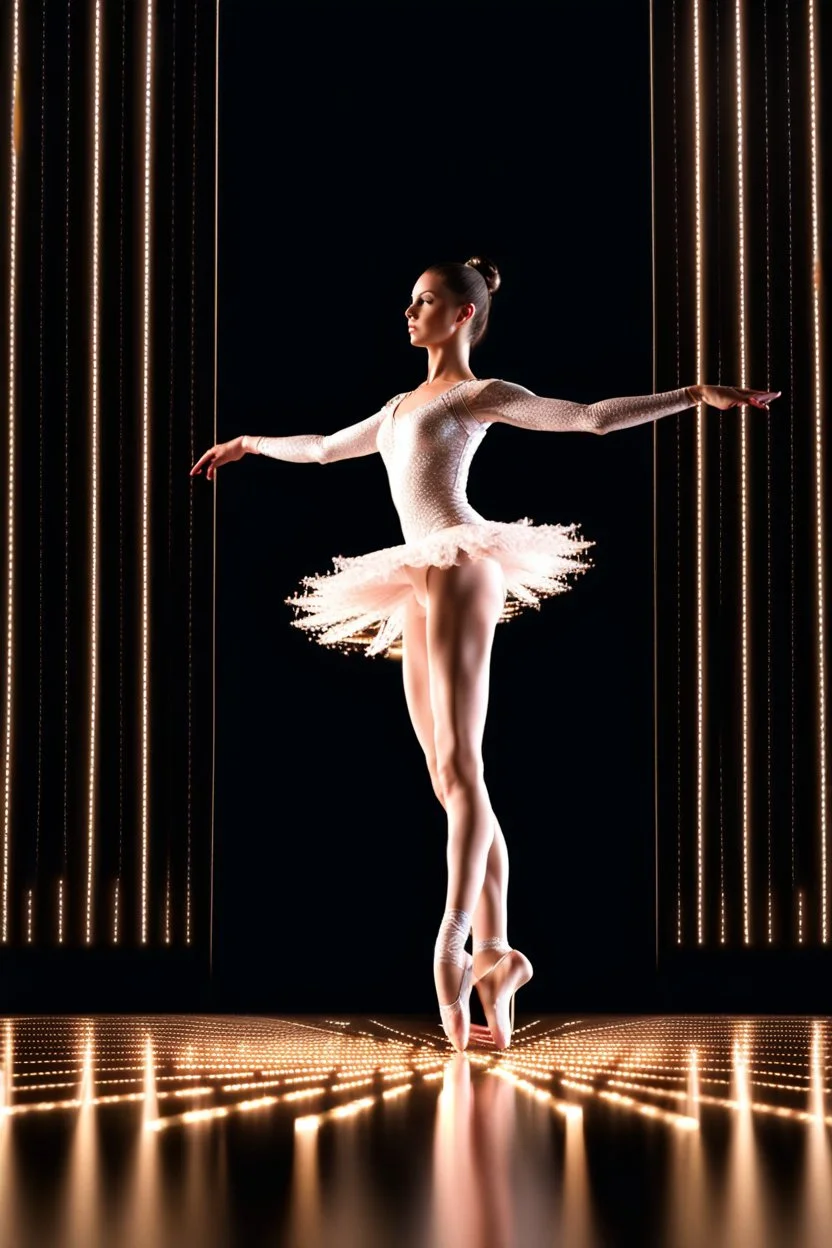 mocap graphic, ballerina dancing in a 3d recursive fractal stage with disco flashing lights