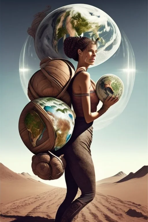 a woman carrying the earth on her back like Atlas