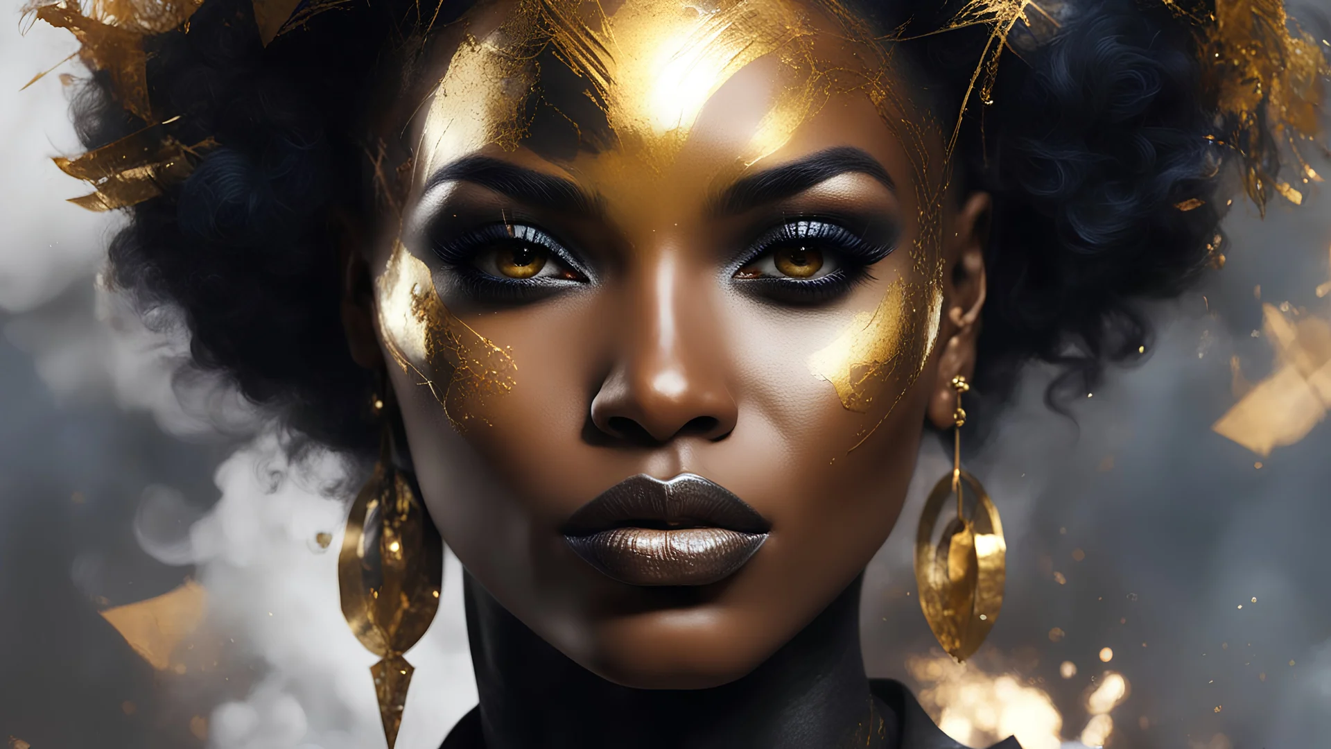 designed by greg manchess,smoke, Close Portrait of a Black model woman, bright eyes, glossy lips, futuristic gold face war paint, trending on art station, photoreal, 8 k, octane render by greg rutkowski, art by Carne Griffiths and Wadim Kashin ,in the style of Dau-al-Set, Pollock, and inspired by MAPPA and Zdzislaw Beksinski,