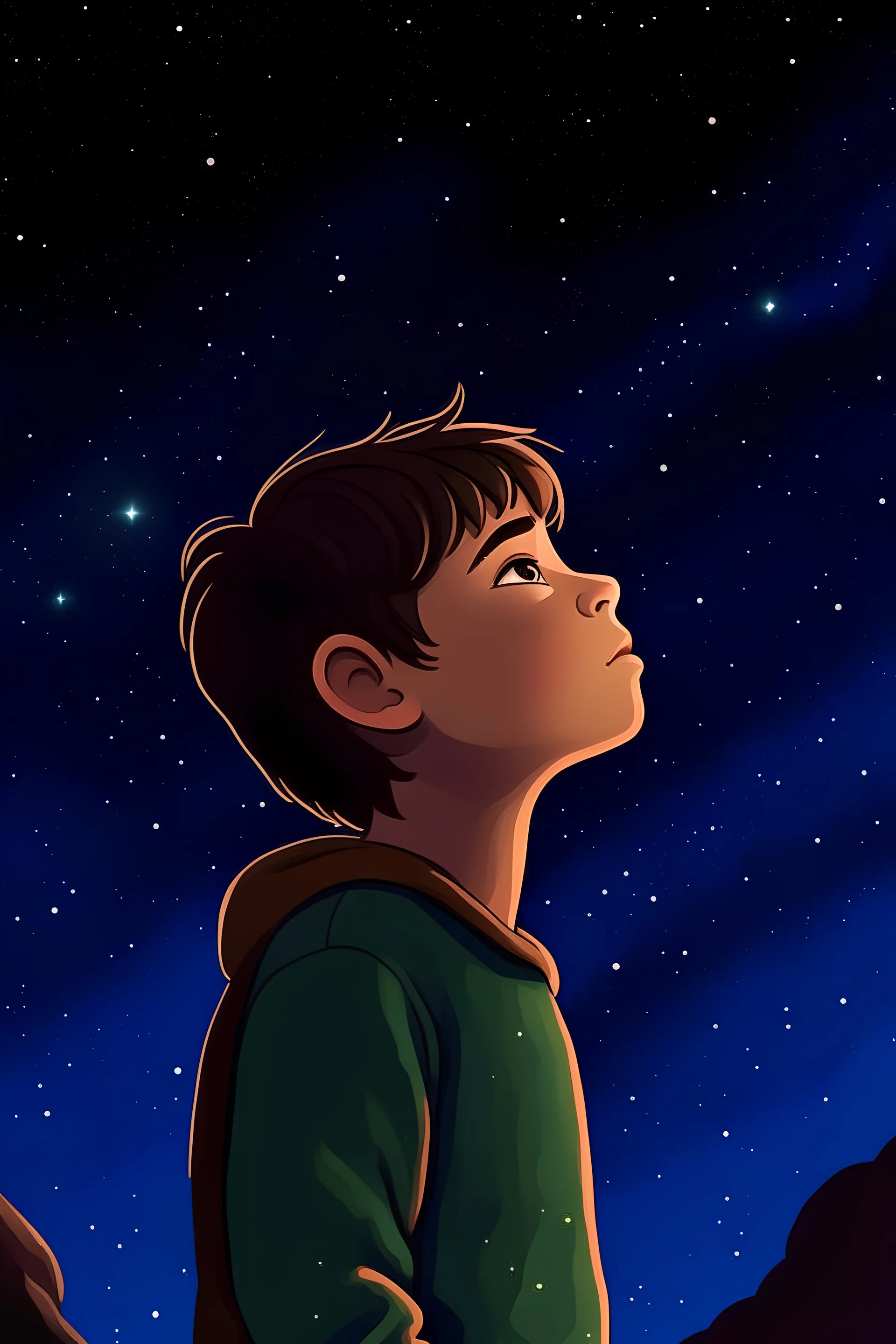 illustration art of A boy staring at a starry sky at night stargazing, hopeful.