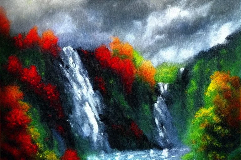 Cloudy dark sky, epic waterfall landscape, impressionism painting