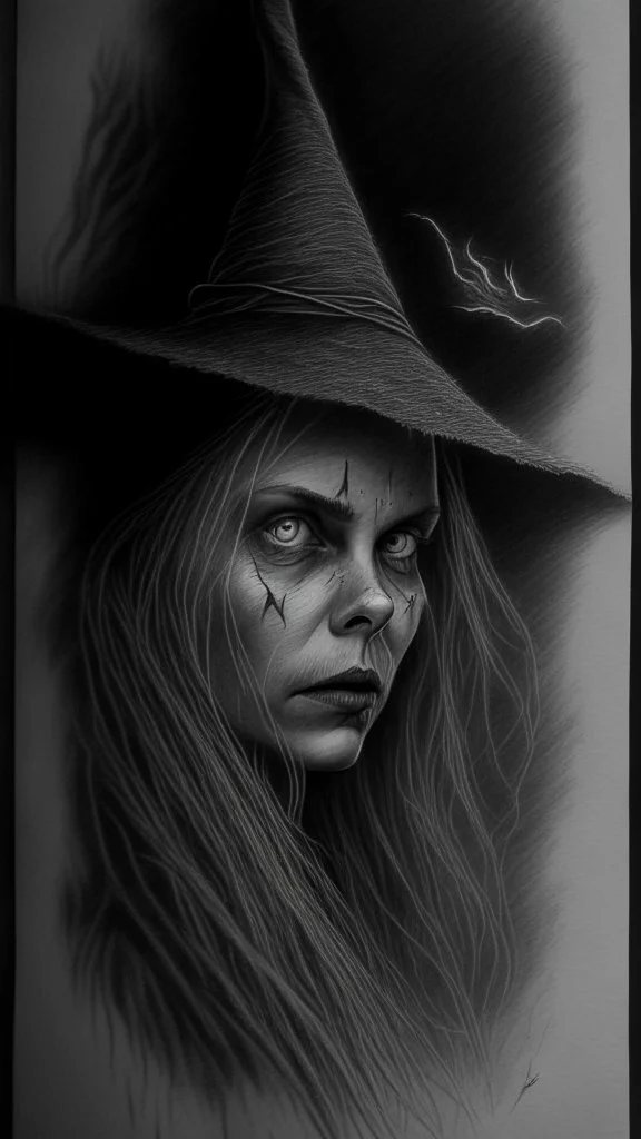 pencil drawing of witch, Spooky, scary, halloween, realistic, black paper