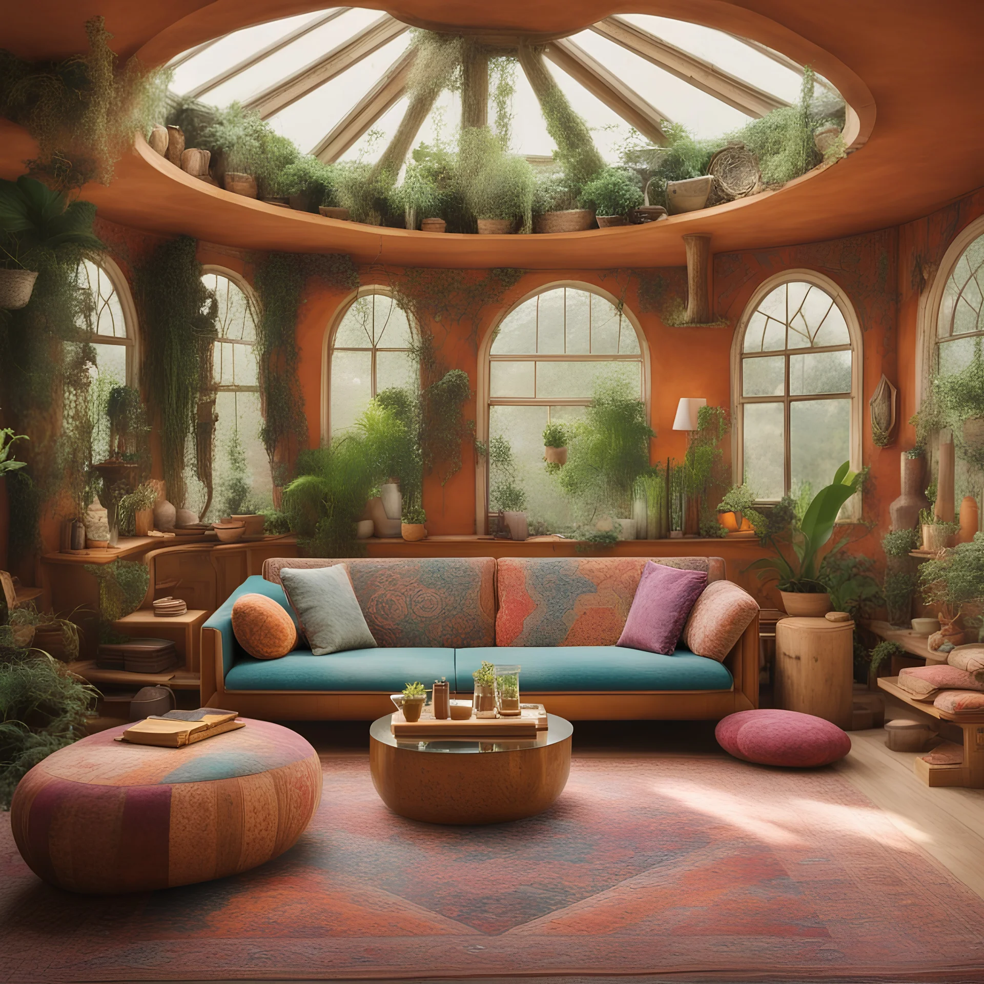 a brightly bohemian couch in a glass bohemian living room with a large window, hippie fashion, conversation pit, tapestries hanging from ceiling, huge greenhouse, spiraling design, contaning tables and walls, otherwordly concept, symmetrical layout, basement