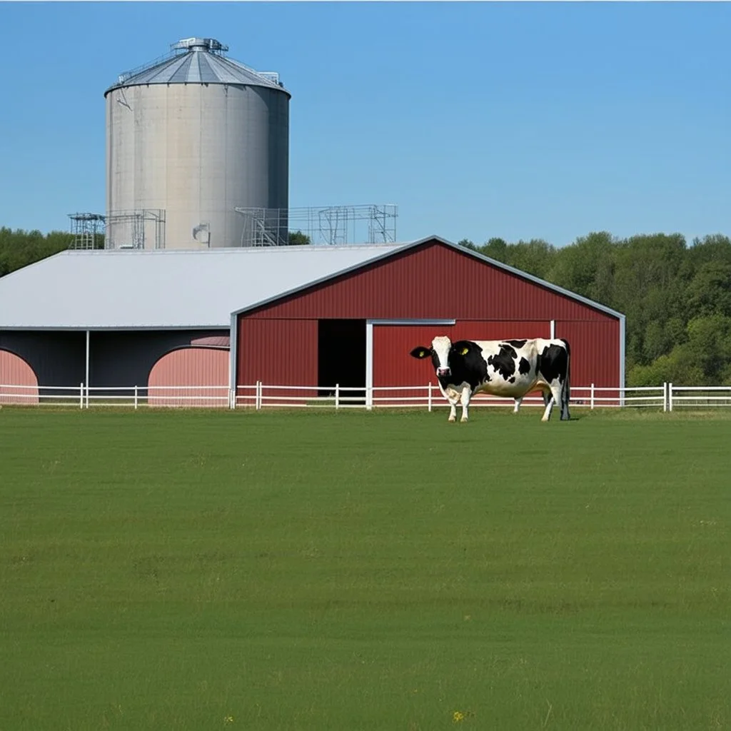 a modern Dairy barn in front of concrete dairy siloes, grass bottom front with a Holstein cow(1).