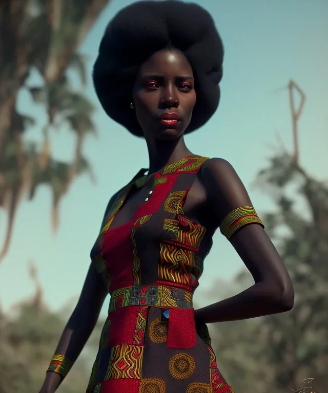 Negra Francisca, cute, beautiful, African, red fabric dress, black hair, head and shoulders portrait, 8k resolution concept art portrait by Greg Rutkowski, Unreal Engine 5 volumetric lighting