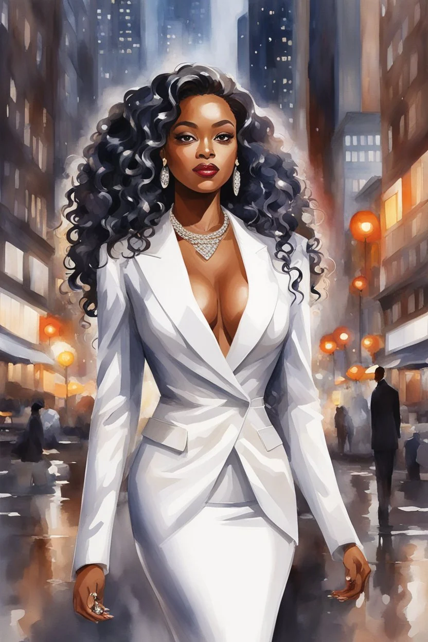 Create a watercolor image of a curvy African American female wearing a white business suit with white heels. Prominent make up with hazel eyes. Highly detailed very long extremely curly black hair. She is wearing silver and diamond Jewely that shines of the lights. Her skin is smooth and silky. Background of a busy city street