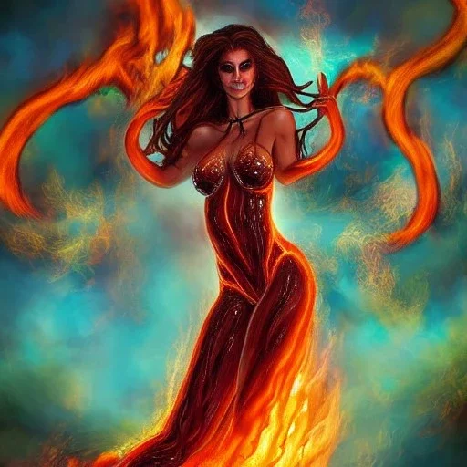 woman made of fire, fire angel, full body portrait, long flowing hair, only wearing bikini made of fire, highly detailed, real life photo, photo quality, extremely detailed, high quality, standing in fire, highly detailed, lots of fire around